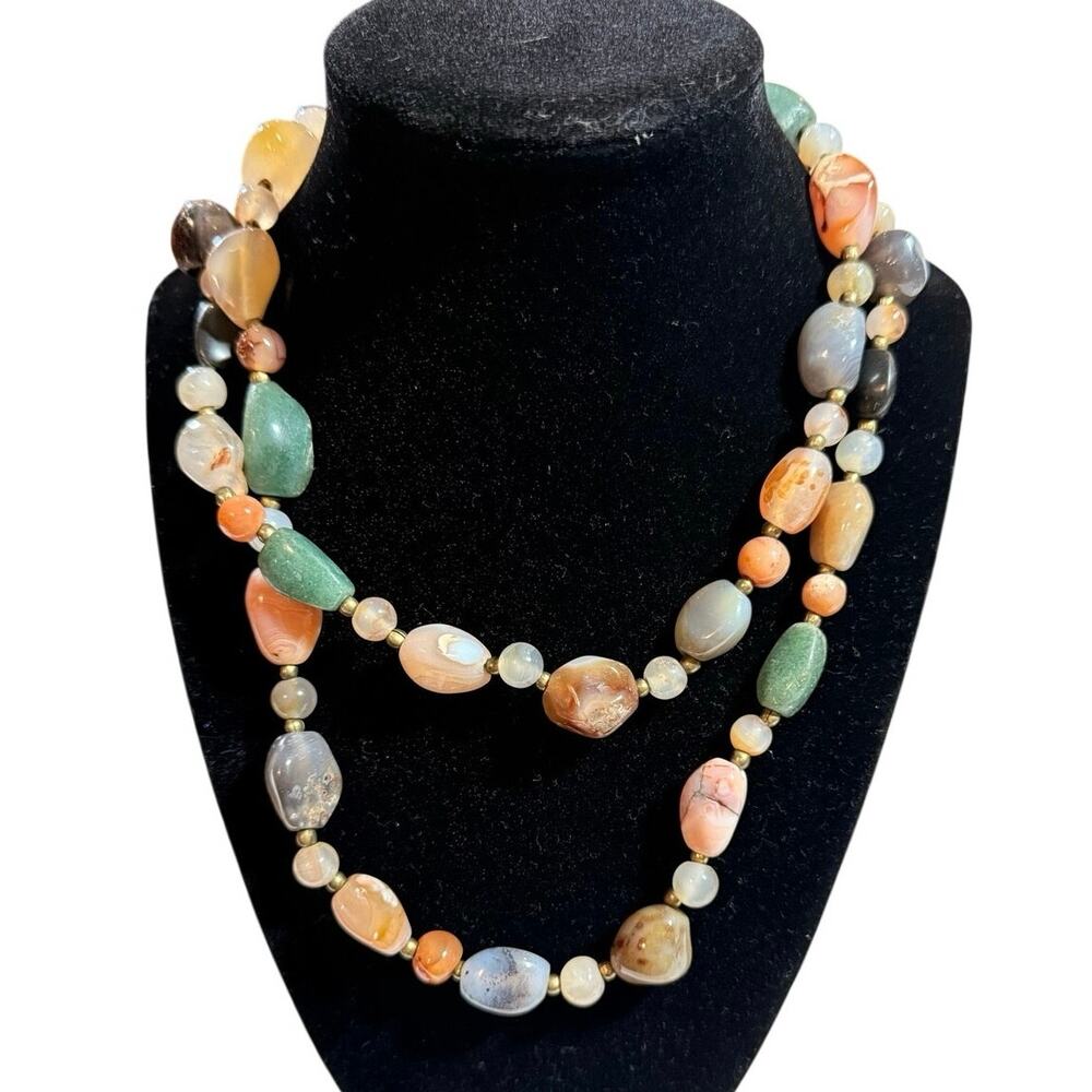 Vintage MCM Beggar Bead Polished Stone Multicolor Long Necklace